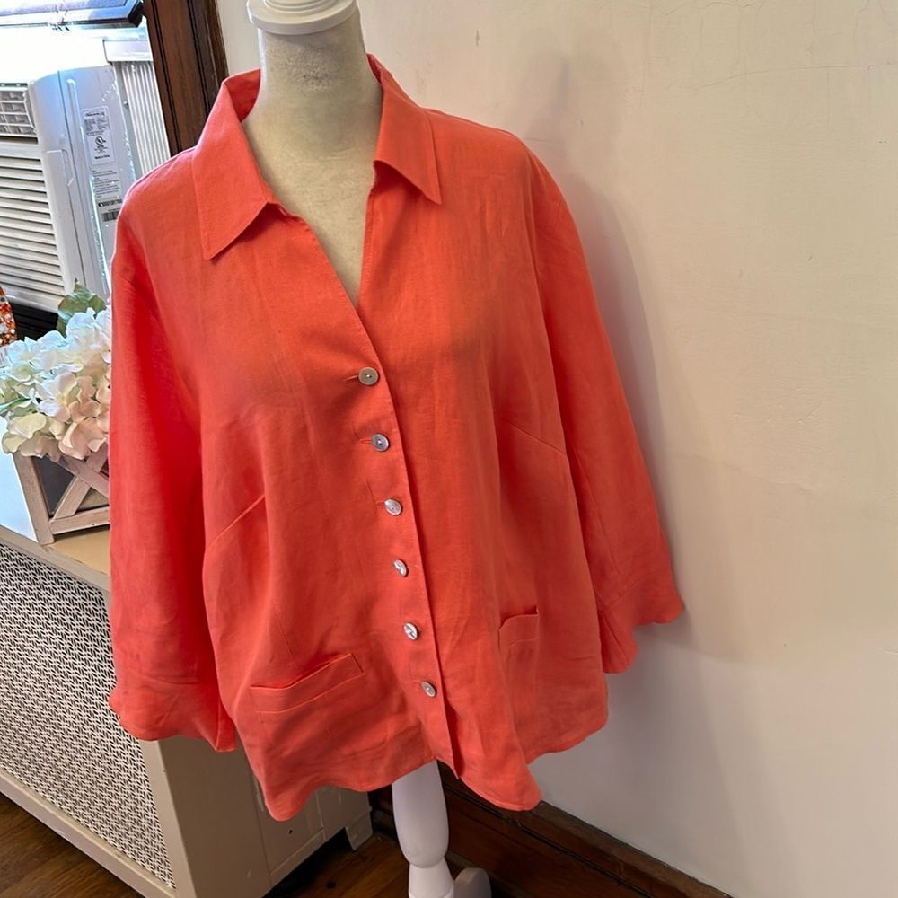 Talbots melon long sleeve button front Irish linen jacket Size 14 W EUC